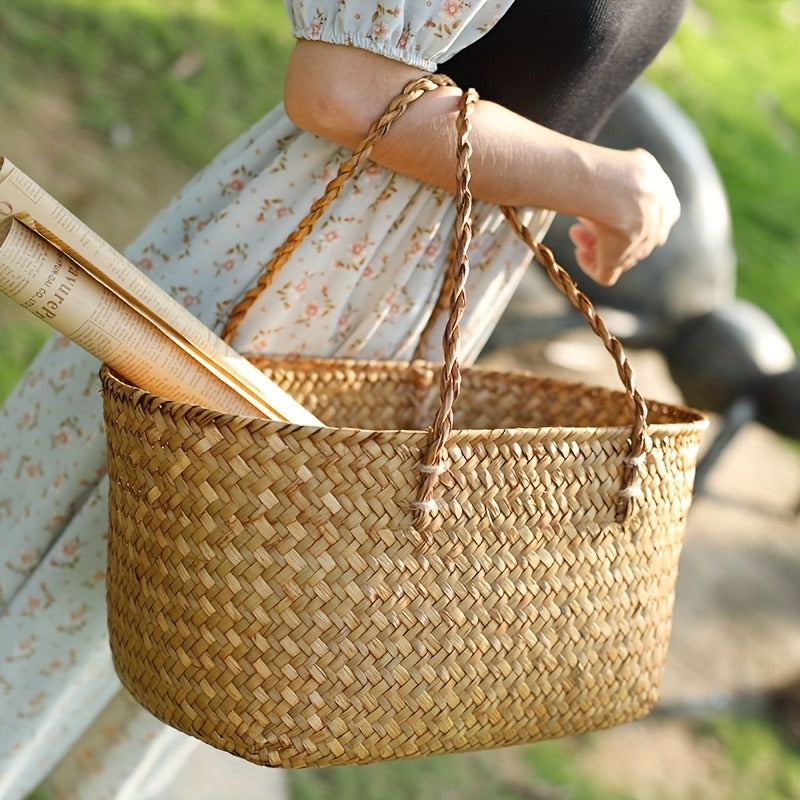 Large Woven Straw Picnic Tote Basket with Long Handles, Open Top Natural-Color Outdoor Carry Design — image 4