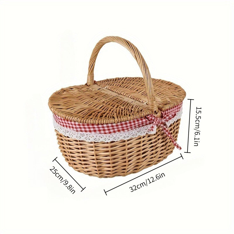 Willow Picnic Hamper Basket with Hinged Lid, Carry Handle and Red Checkered Textile Lining — image 4