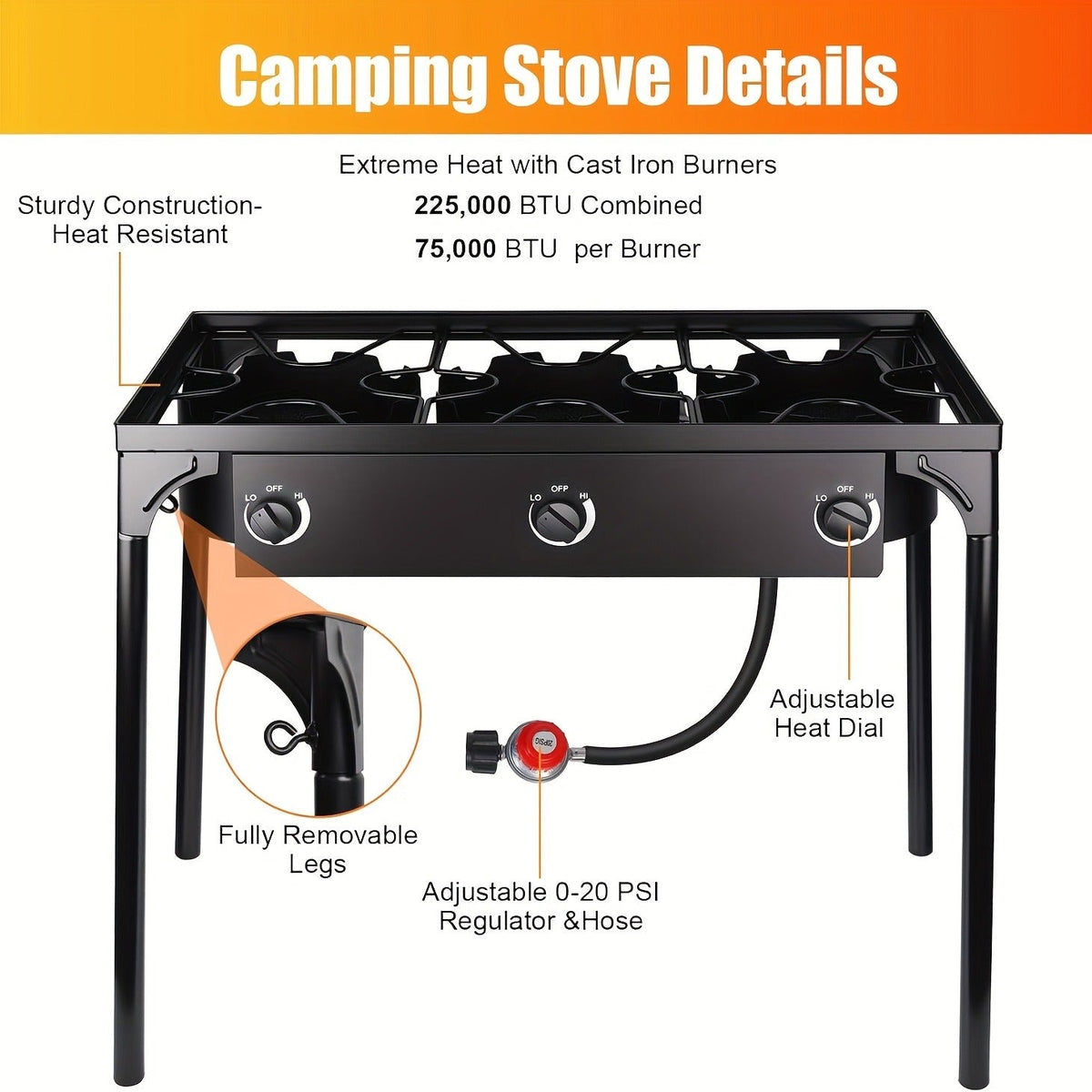 Outdoor Propane Burner Stand with One- or Three-Burner Layout, Removable Legs and 0–20 PSI Regulator Hose — image 5