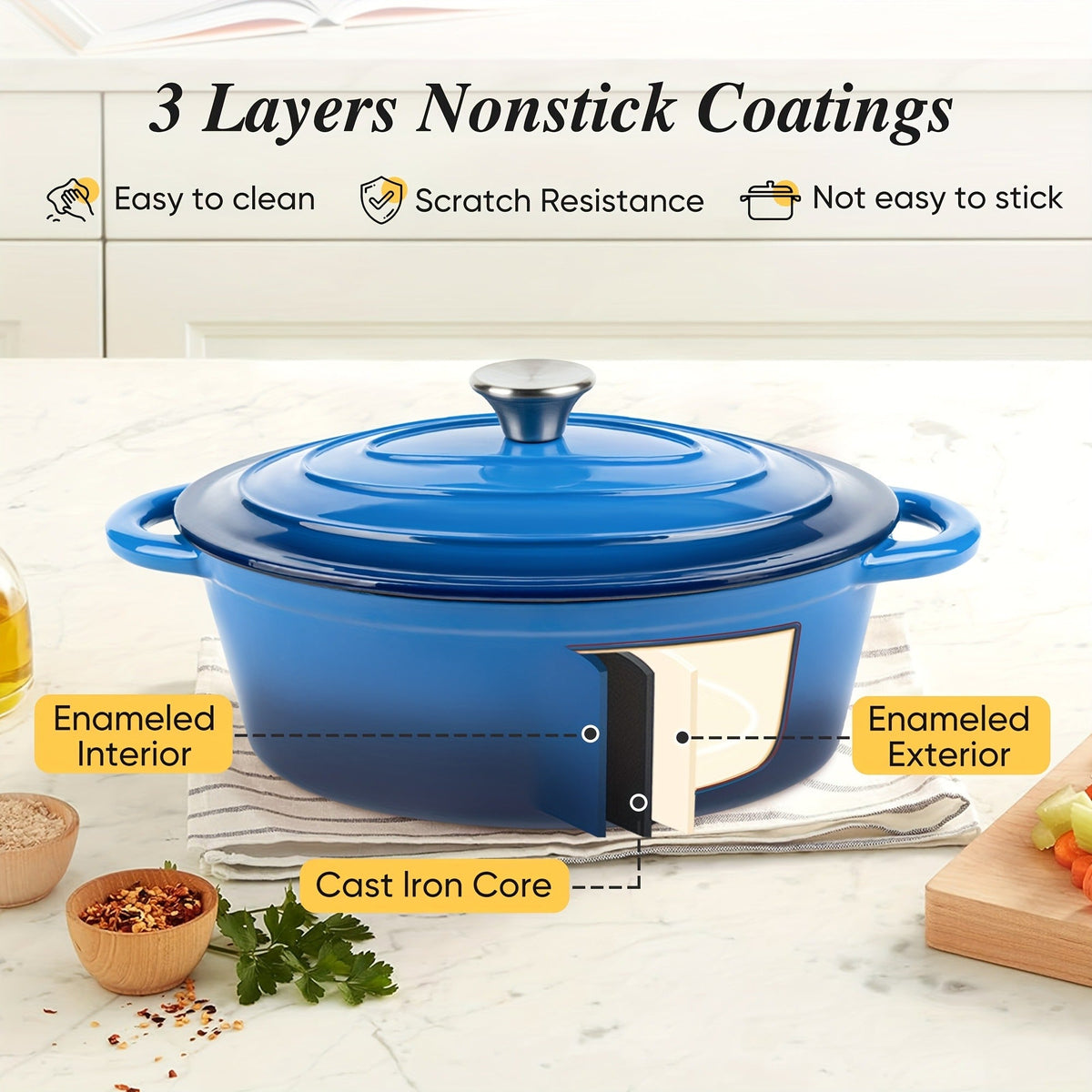 Dutch Oven Enameled Cast Iron 4.5QT with Lid & Dual Handles – Oval Non-Stick Enamel Coating for Bread Baking Soups Stews Brai