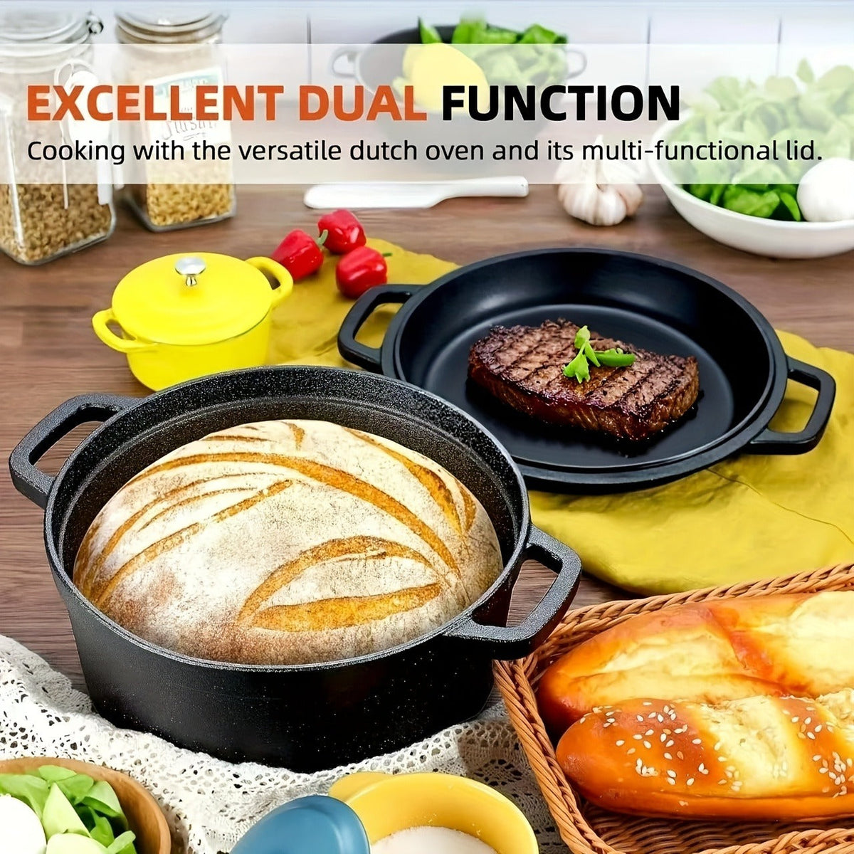 Pre-Seasoned-Labeled Cast Iron Dutch Oven with Reversible Skillet Lid, Trivet, Handle Covers and Scraper — image 4