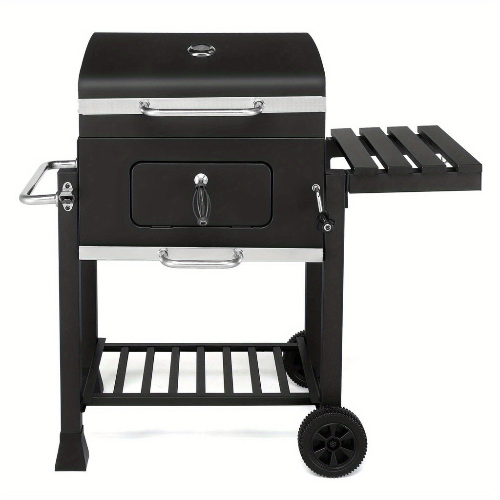Cart Charcoal Grill with Adjustable Pan, Lid, Wheels, Lower Rack, Thermometer and Folding Side Shelf — image 4