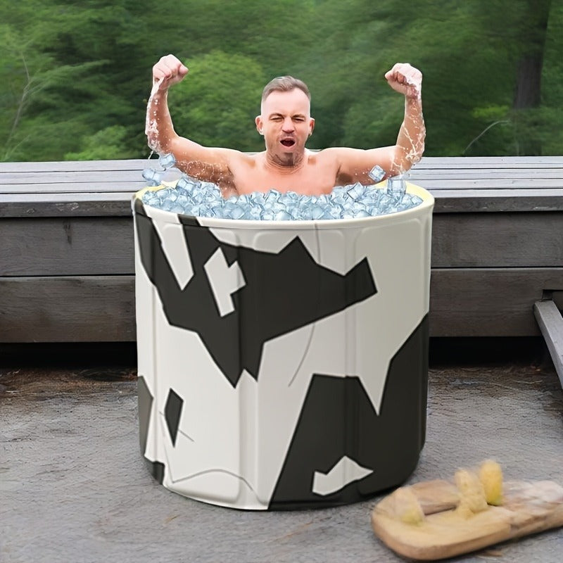 Round Foldable Adult Soaking Tub in Black-and-White Geometric Pattern with Freestanding Support Frame and Drain — image 4