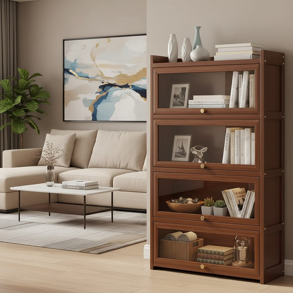 Tall Bamboo Bookshelf with Acrylic Doors, 4 Tier Storage Cabinet