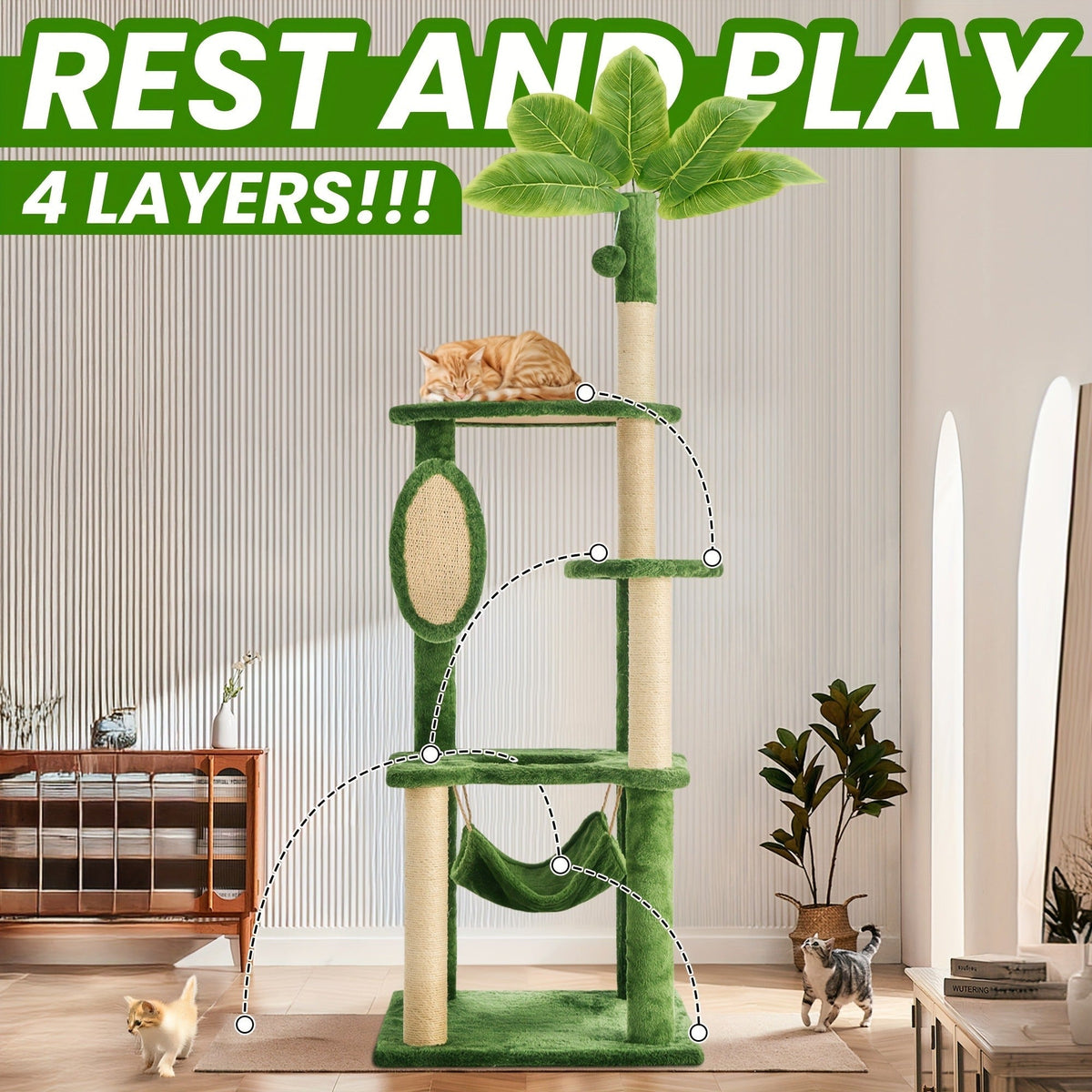 55-Inch Plant-Style Cat Tree with Platforms, Round Pass-Through Perch, Hammock and Four Colors — image 9
