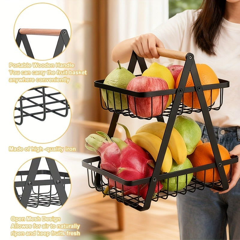 Fruit Basket Kitchen Organizer 2 or 3 Tier Metal Stand with Removable Wooden Handles for Countertop — image 5