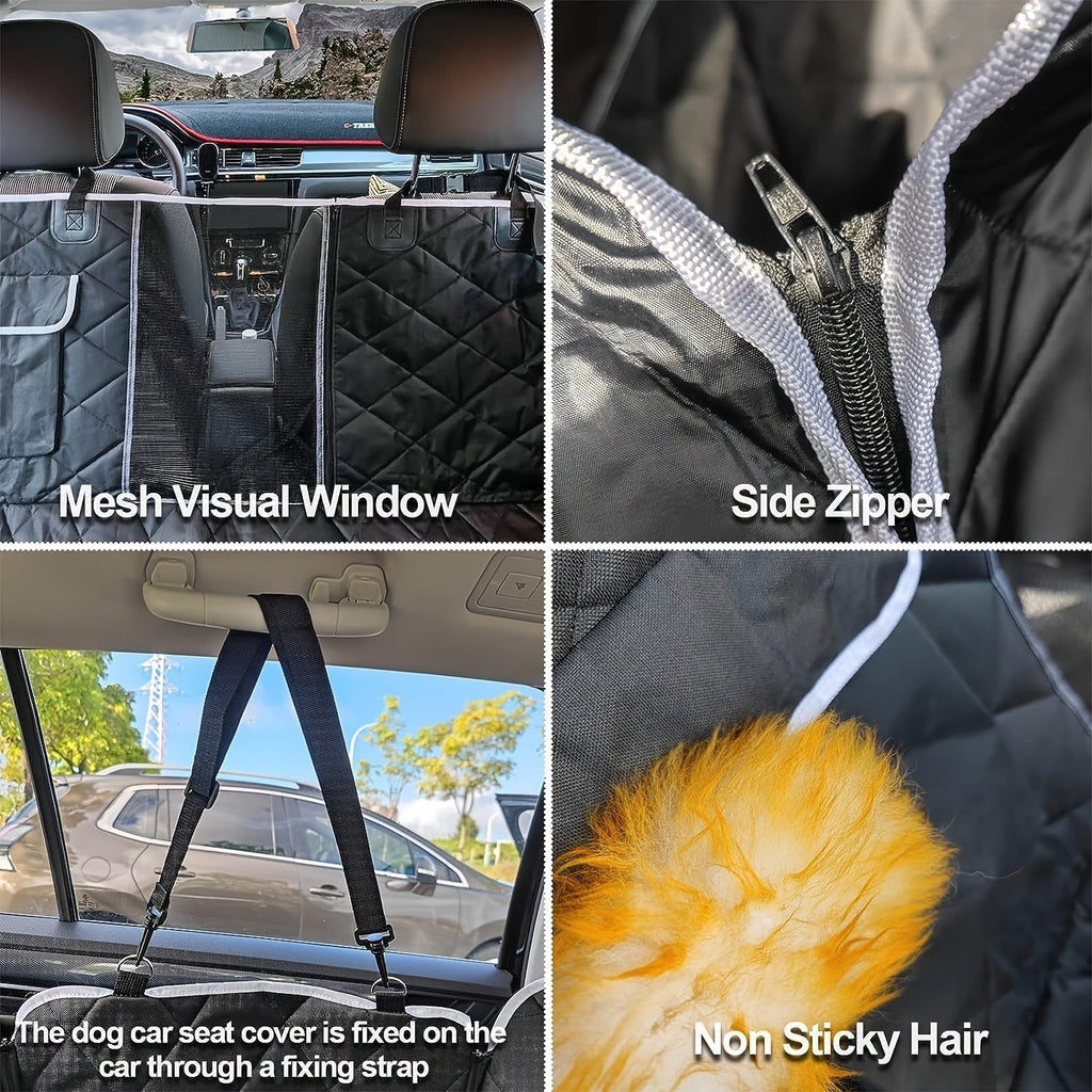 Gray Black Quilted Dog Car Back Seat Hammock with Mesh Window, Storage Pockets and 54 x 58 Inch Fit — image 4