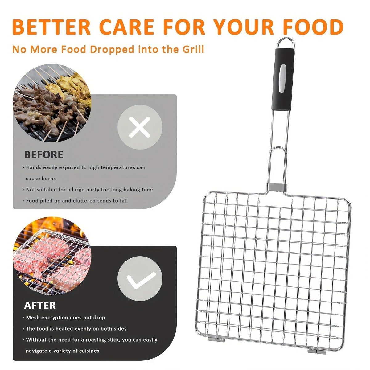 Grill Basket Stainless Steel Folding BBQ Grilling Basket for Fish Chicken Vegetables Shrimp Portable Outdoor Camping Barbecue