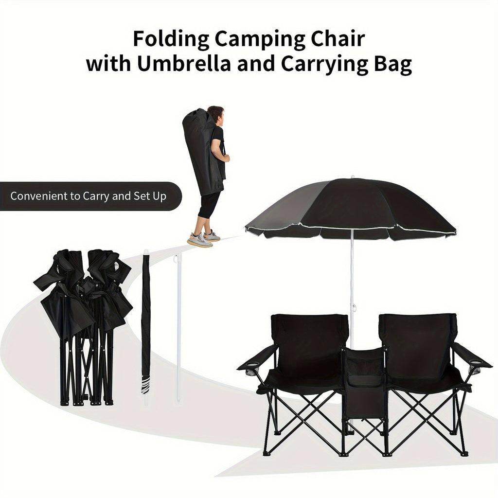 Folding Picnic Chair Set for 2, Umbrella, Cooler Bag & Table, 600 Lbs Capacity, Portable, for Camping, Travel and Outdoor Use