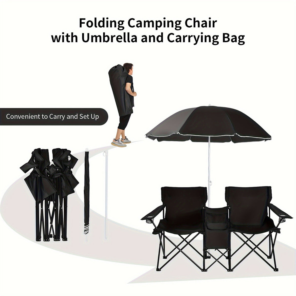 Folding Picnic Chair Set for 2, Umbrella, Cooler Bag & Table, 600 Lbs Capacity, Portable, for Camping, Travel and Outdoor Use