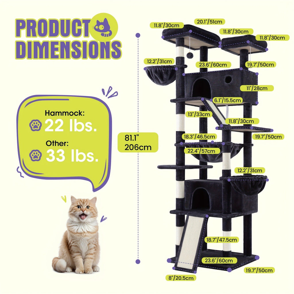 Multi-Level Cat Tree in 36-, 65-, 68- or 81-Inch Heights with Perches, Condo, Hammock and 30 Color, Pattern or Layout Options