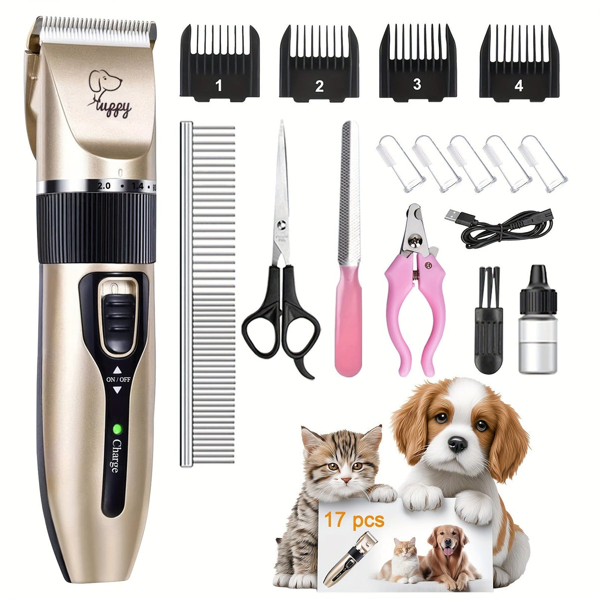 Pet Hair Clipper Kit with Five Guide Combs and Adjustable Blade — image 10
