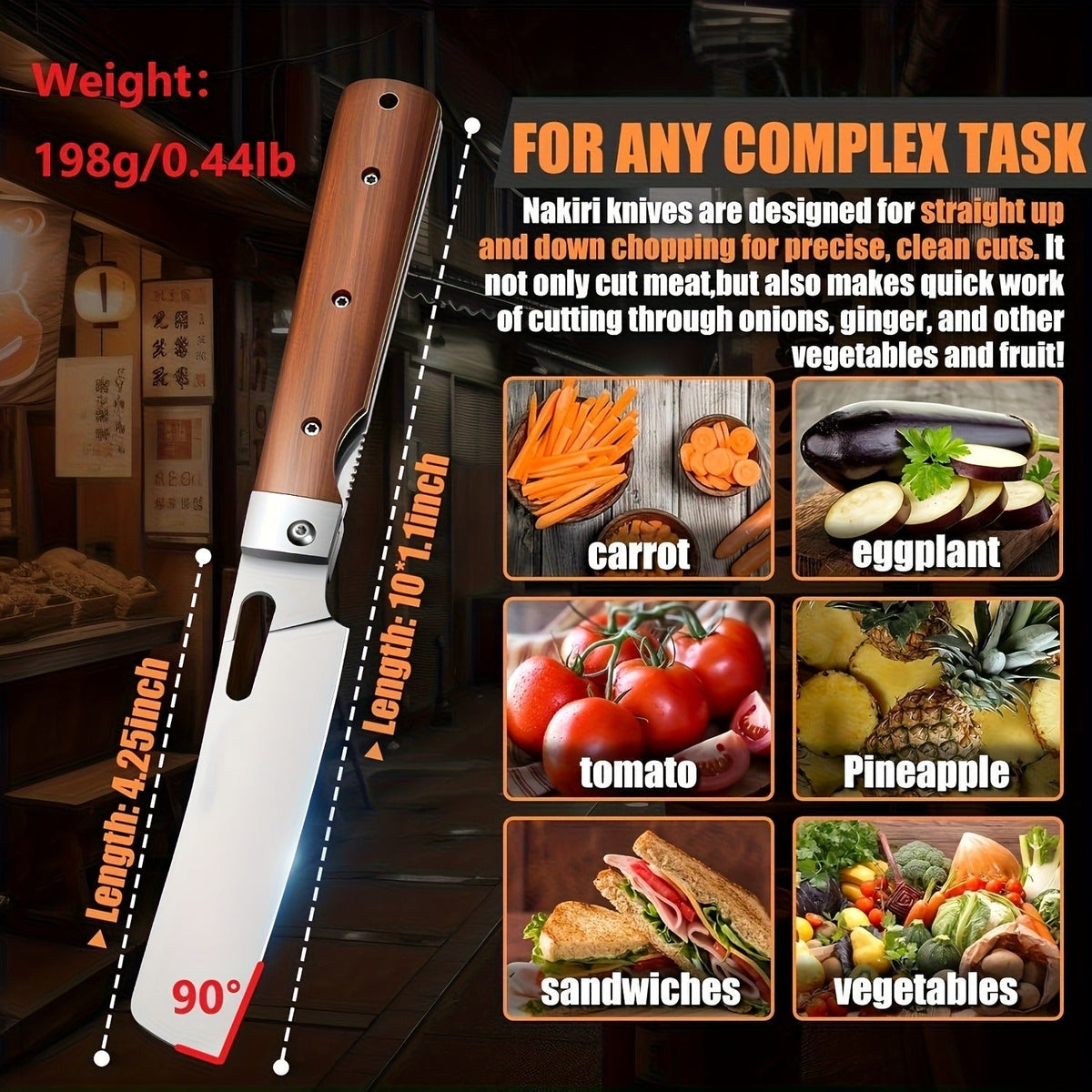 Folding Nakiri Kitchen Knife with 440C Stainless Steel Label, Wood-Look Handle, Drawstring Pouch and Box — image 4