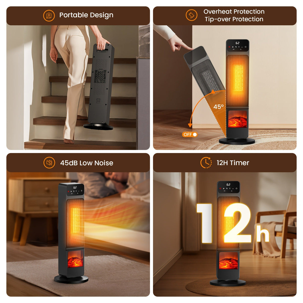 Electric Fireplace Space Heater 1500W, Portable Indoor Heater with 3D Flame Effect, 12H Timer, Heating & Fan Modes for Home &