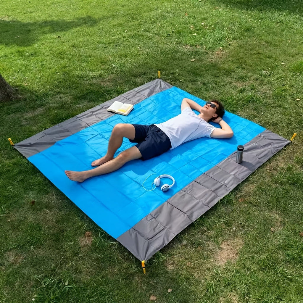 210 x 200cm Picnic Mat with Blue Center Panel, Grey Border, Drawstring Carry Pouch and Ground Stakes — image 4