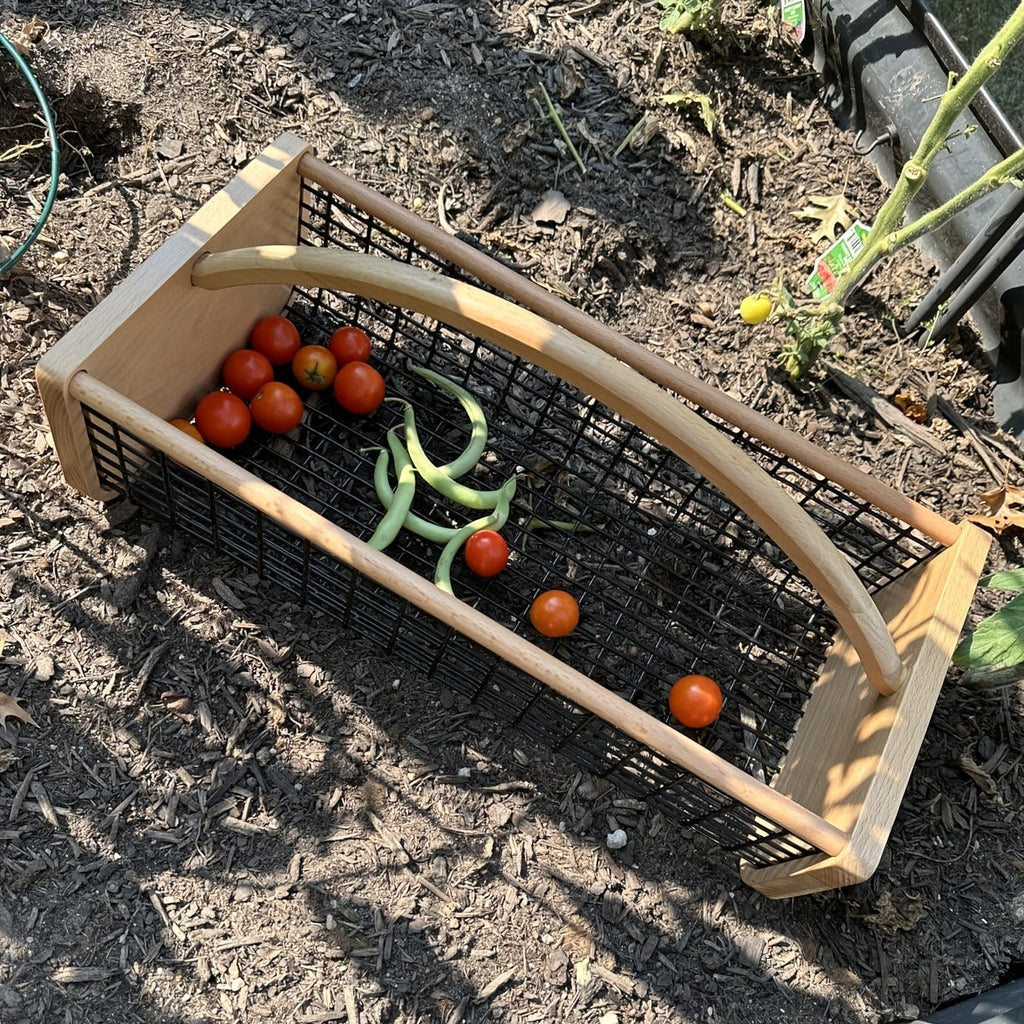 Garden Harvest Basket Metal Mesh with Wooden Handle – Rectangle Vegetable Fruit Picking Basket for Garden, Kitchen & Farmhous