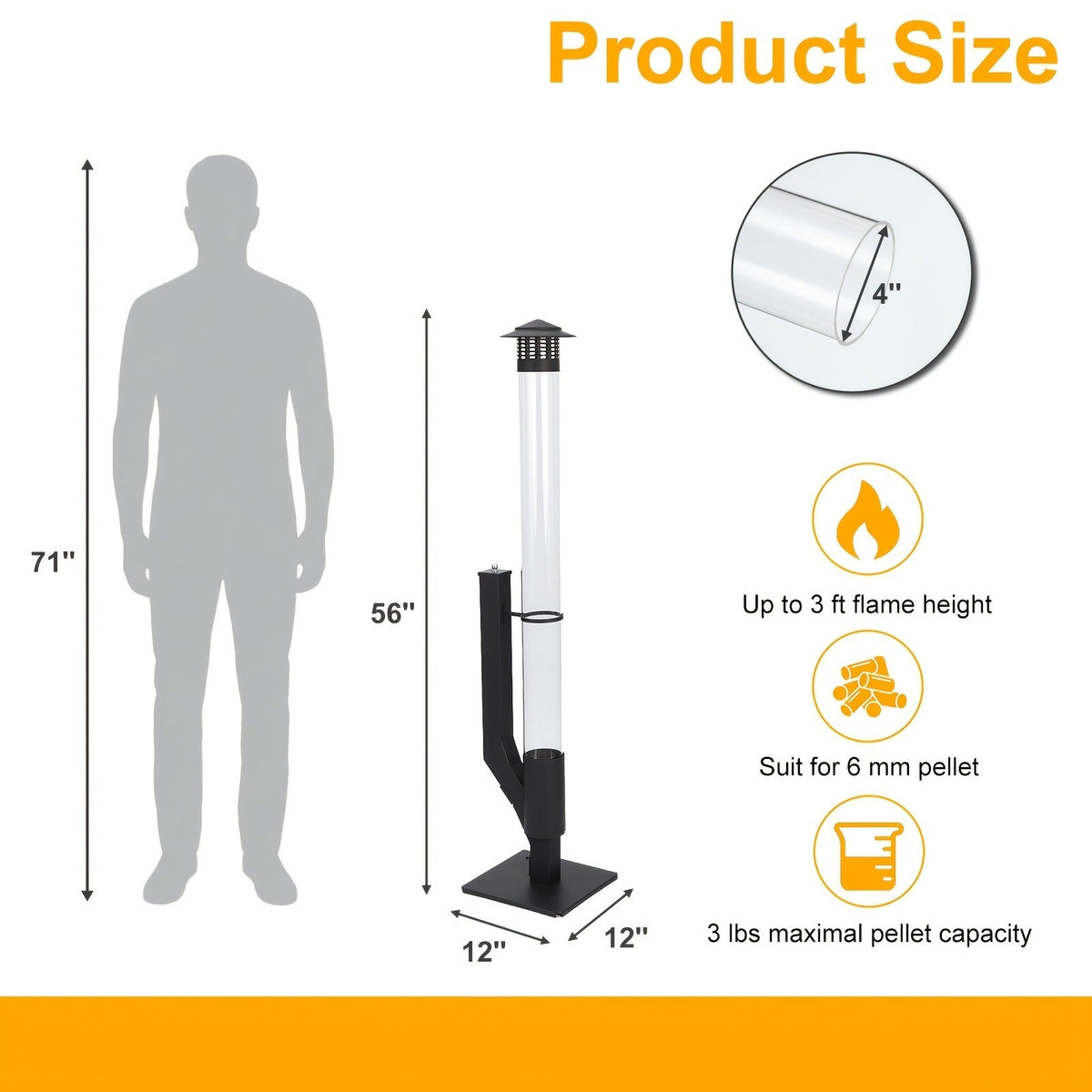 Outdoor Wood Pellet Patio Heater 56 Inch, Smokeless Portable Pellet Stove with Rain Cap, Viewing Window & Ash Tray — image 4