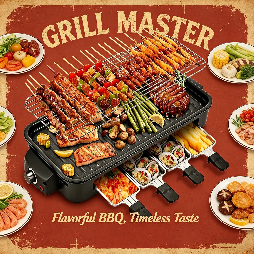Indoor Smokeless Electric Grill 1500W Non-Stick Raclette Table Grill with Removable Plate & 3 Mini Pans Compact BBQ Griddle —