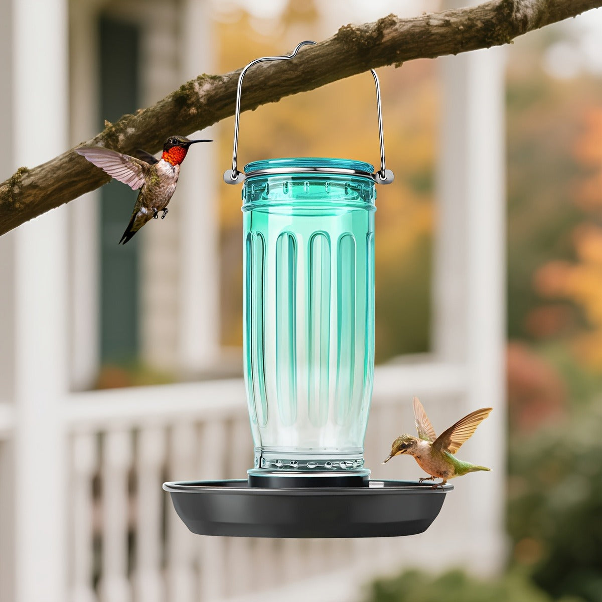 Bird Waterer Outdoor Hanging Glass Wild Bird Water Dispenser with Metal Handle – Gravity Fed Garden Yard Patio Tree Bird Feed