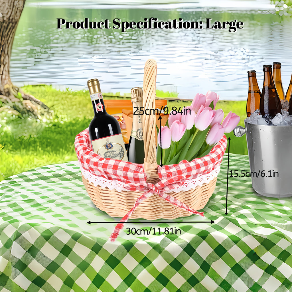 Large Wicker Picnic Basket with Split Lid, Central Carry Handle and Red Checkered Textile Lining — image 4