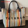 Straw Tote Bag for Women Large Capacity Bohemian Hand-Woven Striped Beach Bag Summer Vacation Shoulder Bag Colorful Letter Pa