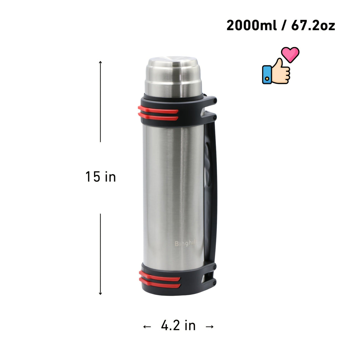 2000ml Stainless Steel Water Bottle Flask with Cup-Style Cap, Rigid Side Handle and Shoulder Strap — image 5