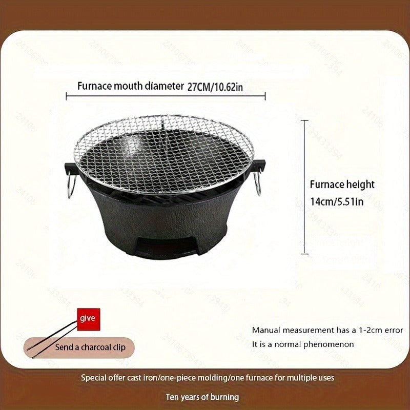 10.6-Inch Round Charcoal Grill Set with Cast-Iron Body, Cooking Grid, Wooden Base and Tongs — image 4