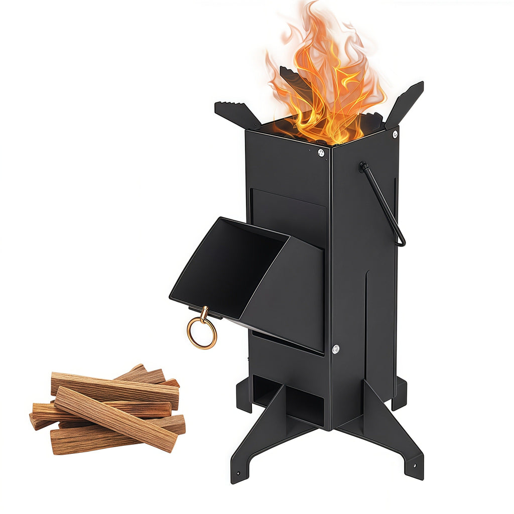 Black Rocket Stove with Detachable Side Feed Door, Four-Leg Base and Wood or Charcoal Fuel Configuration — image 1
