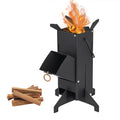 Black Rocket Stove with Detachable Side Feed Door, Four-Leg Base and Wood or Charcoal Fuel Configuration — image 1