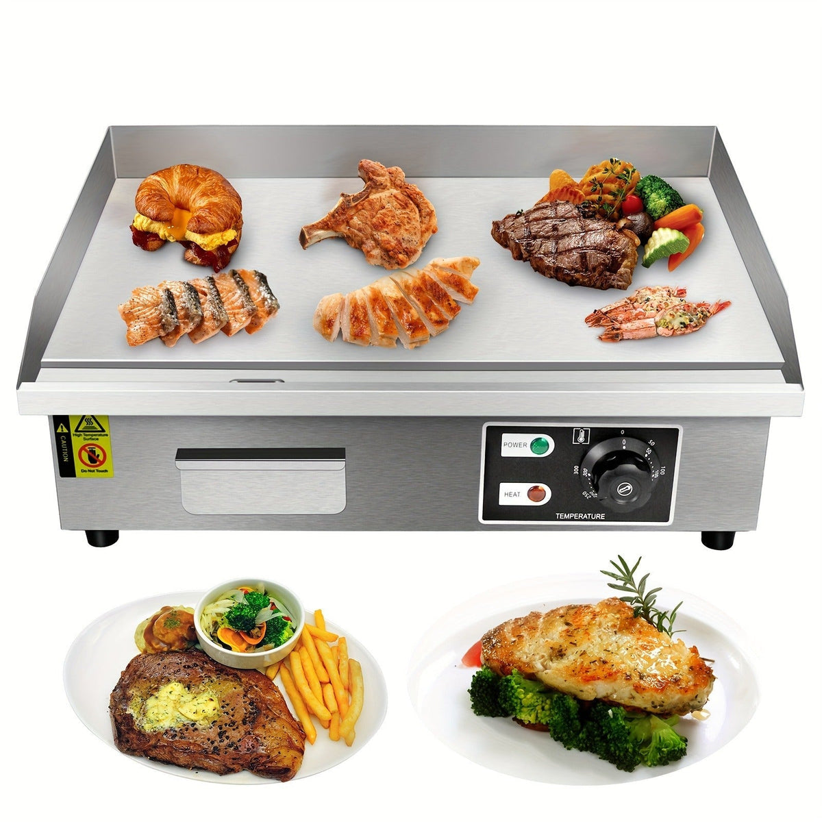 Flat Top Griddle 22 Inch 1600W Electric Countertop Teppanyaki Grill Non-Stick Stainless Steel Commercial for Garden, Patio an