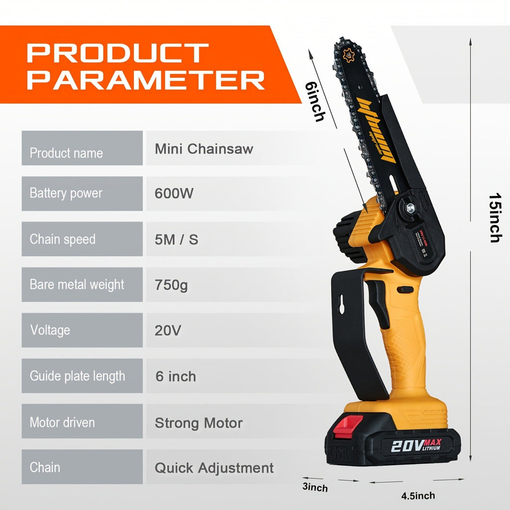 Mini Chainsaw Cordless 6-Inch Brushless with 20V 4.0Ah Rechargeable Battery, One-Hand Electric Handheld Chain Saw for Tree Tr