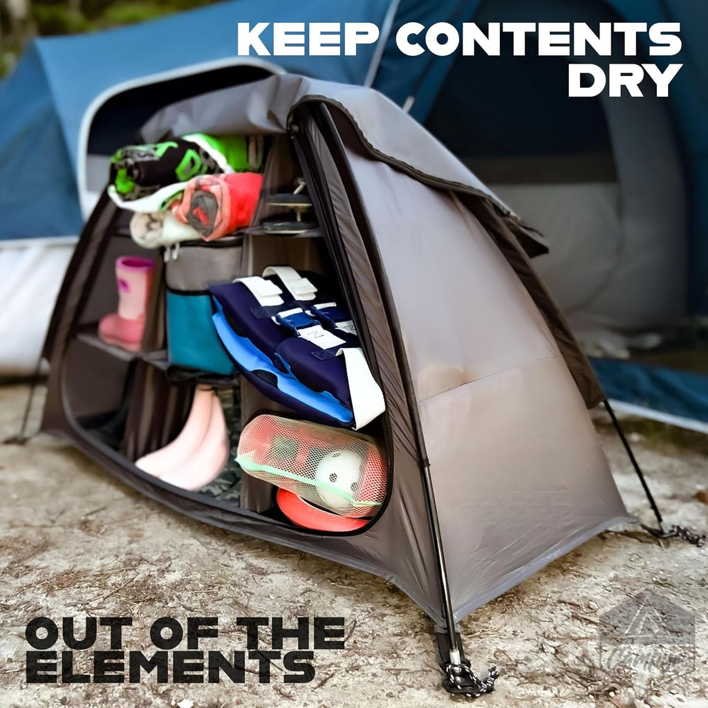 Camping Tent Organizer 9-Shelf with Zippered Flap – Hanging Storage Rack for Shoes, Gear & Dining, Fits Most Tents, Brown & G