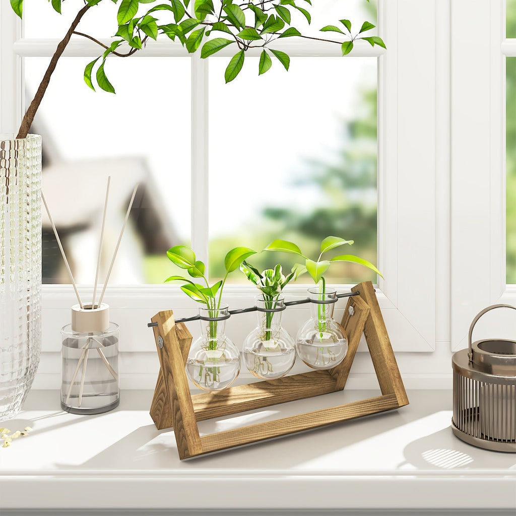 Glass Terrarium Heart Shaped Hydroponic Vase with Wooden Stand – Elegant Plant Propagation Station for Home Decor — image 4