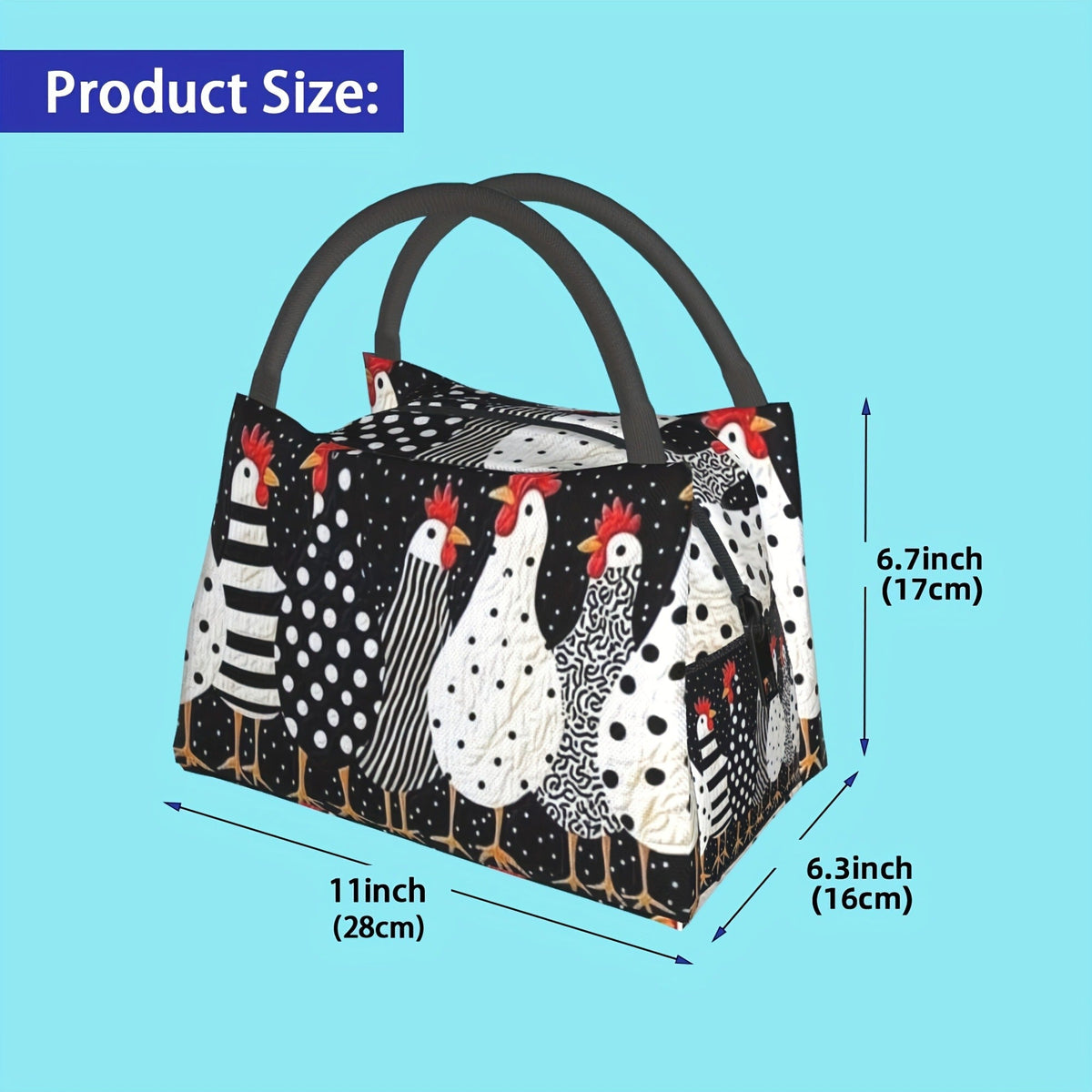 Chicken Print Lunch Bag Tote, 11 x 6.3 x 6.7 Inches with Top Zipper and Dual Carry Handles — image 4
