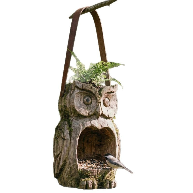 Bird Feeder Hanging Outdoor Rustic Wood Owl-Shaped Plant Pot for Patio Lawn Garden Decor – Open Design Decorative Planter for