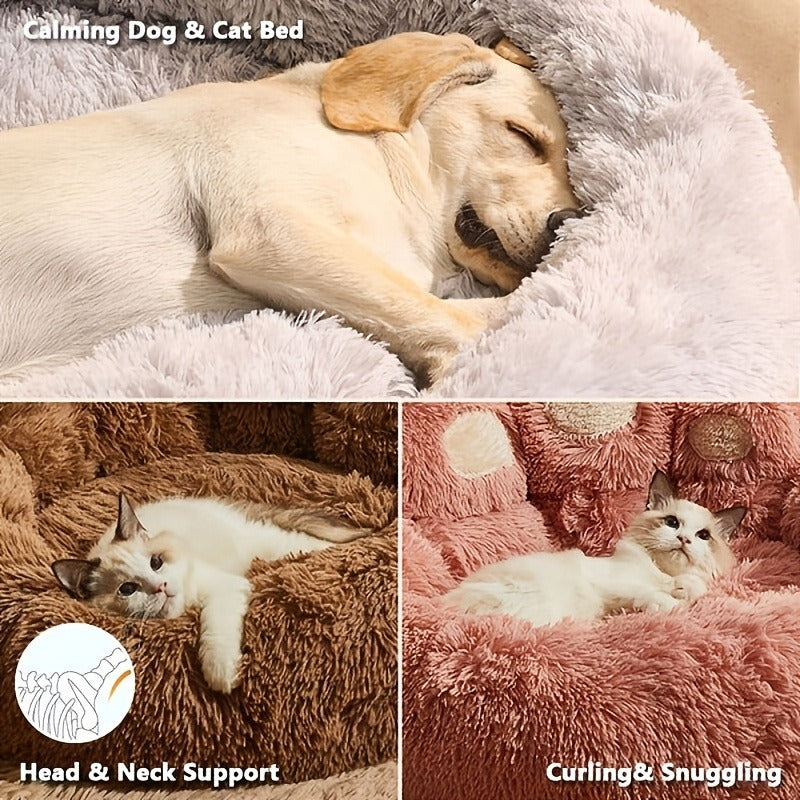 Bear-Paw Round Plush Pet Bed in Coffee, Pink or Gray with Four Weight-Labeled Size Options — image 14