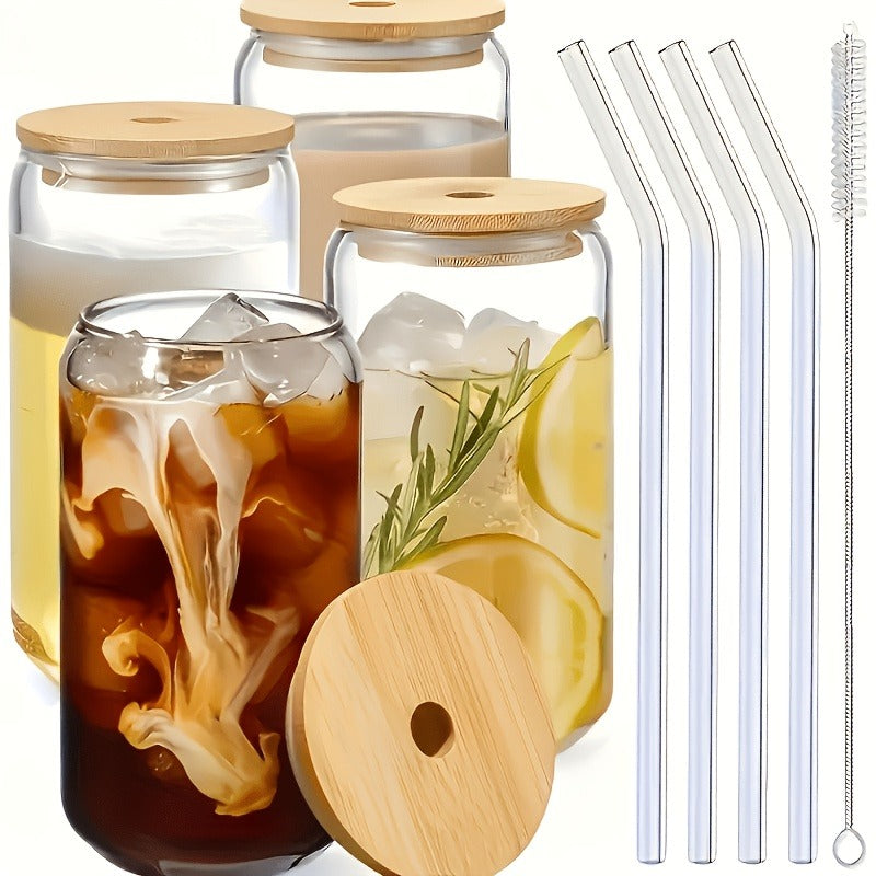 Drinking Glasses Set with Lid and Straw 550ml Oval Glass Cups 4 or 6 Piece, for Home Cooking, Dining and Outdoor Meals — imag
