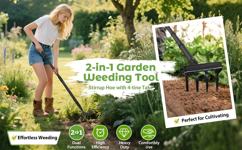 2-in-1 Garden Hand Tool with Stirrup Hoe, Four-Tine Cultivator and 62-, 73- or 82-Inch Sectional Handle — image 9