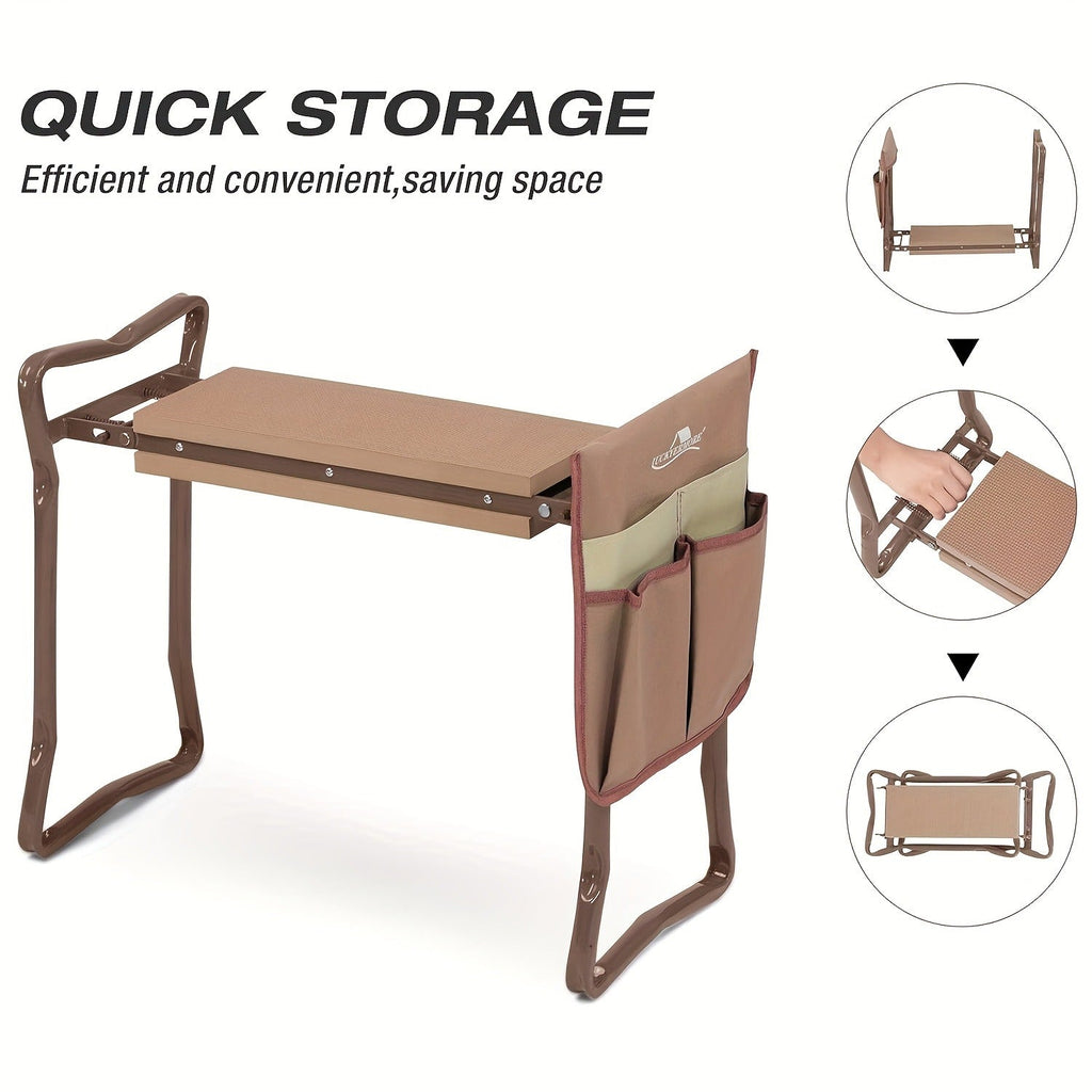 Garden Kneeler and Folding Seat with EVA Foam Pad and Side Tool Pocket, Brown Two-Position Gardening Bench — image 3