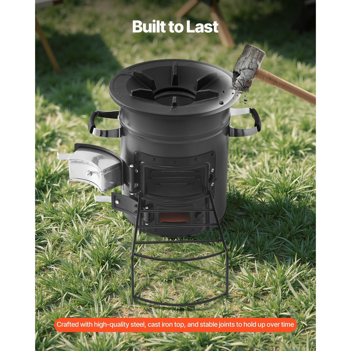 Wood Burning Rocket Stove Portable Camping Stove with Cast Iron Top, Double Door, Fireproof Lining — image 4