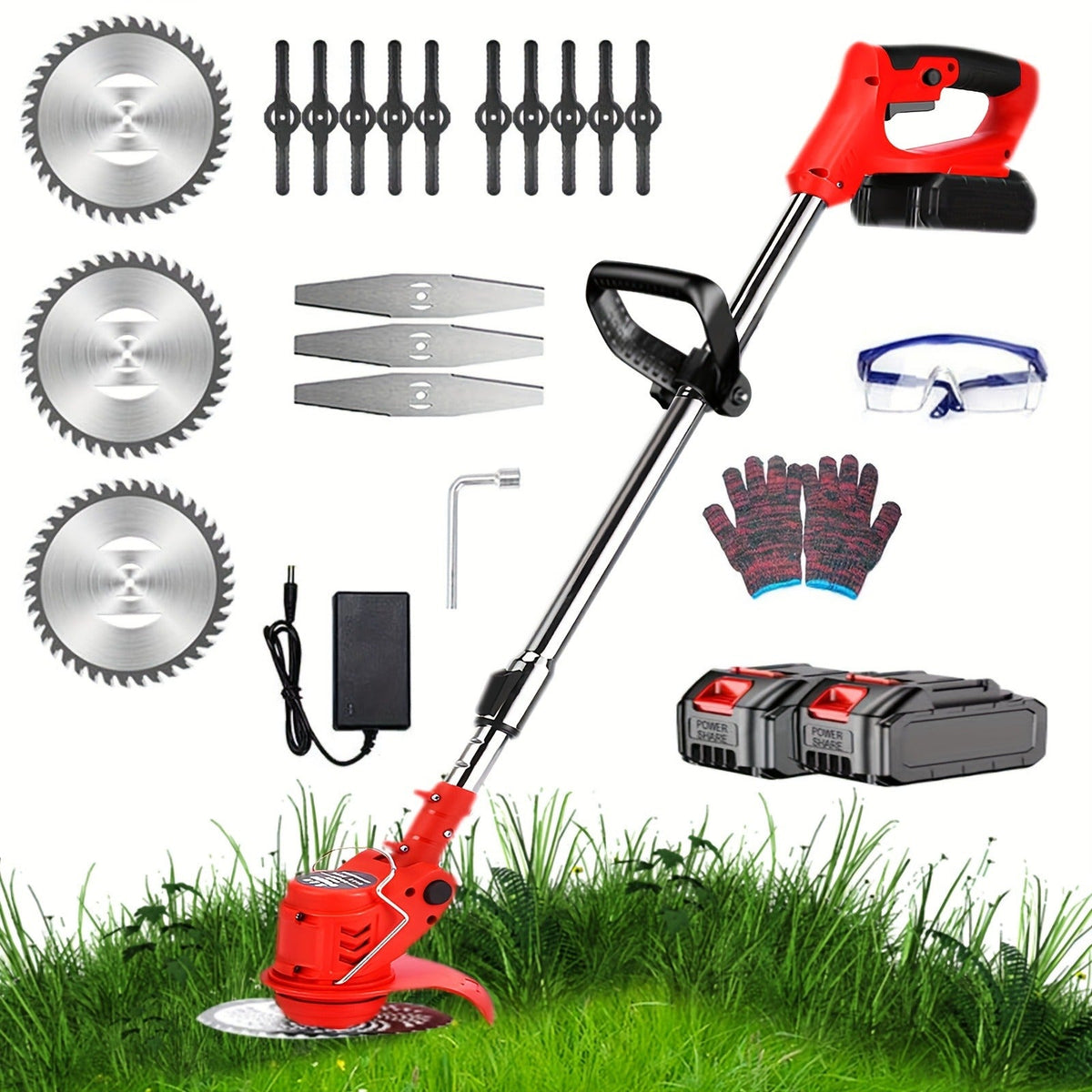 Cordless String Trimmer 24V 800W, Weed Wacker with 2 Batteries, Charger & 3 Blades, Adjustable Head — image 1