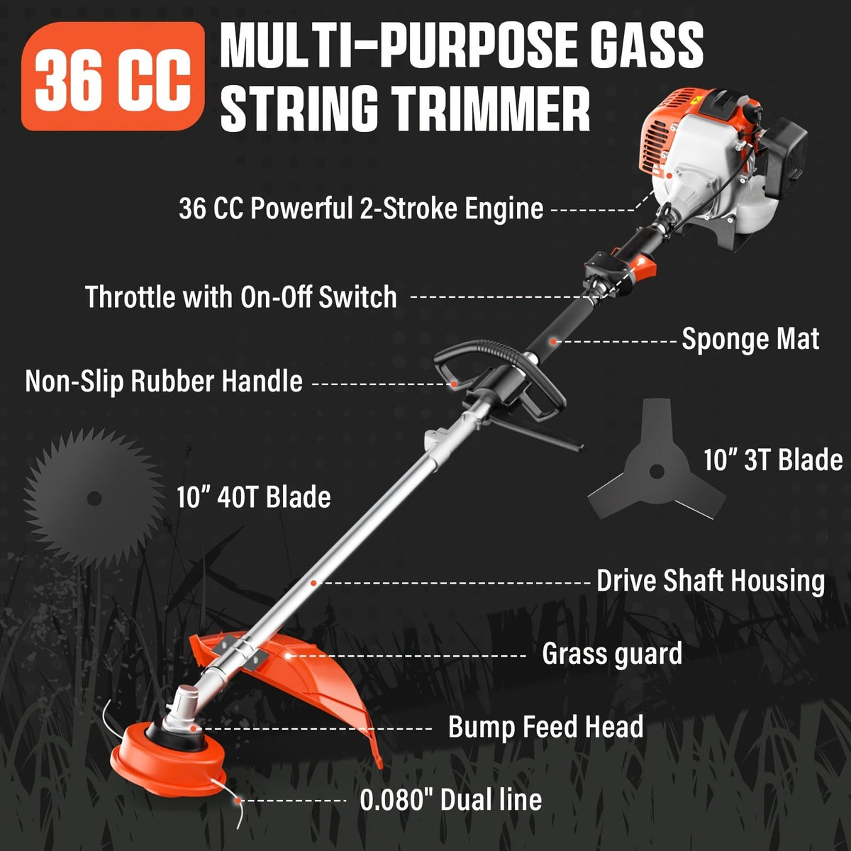 Gas String Trimmer 36CC 2-Cycle Weed Eater, 17" Cutting Swath, Easy Start Technology, Commercial Grade Gas Weed Wacker for Th