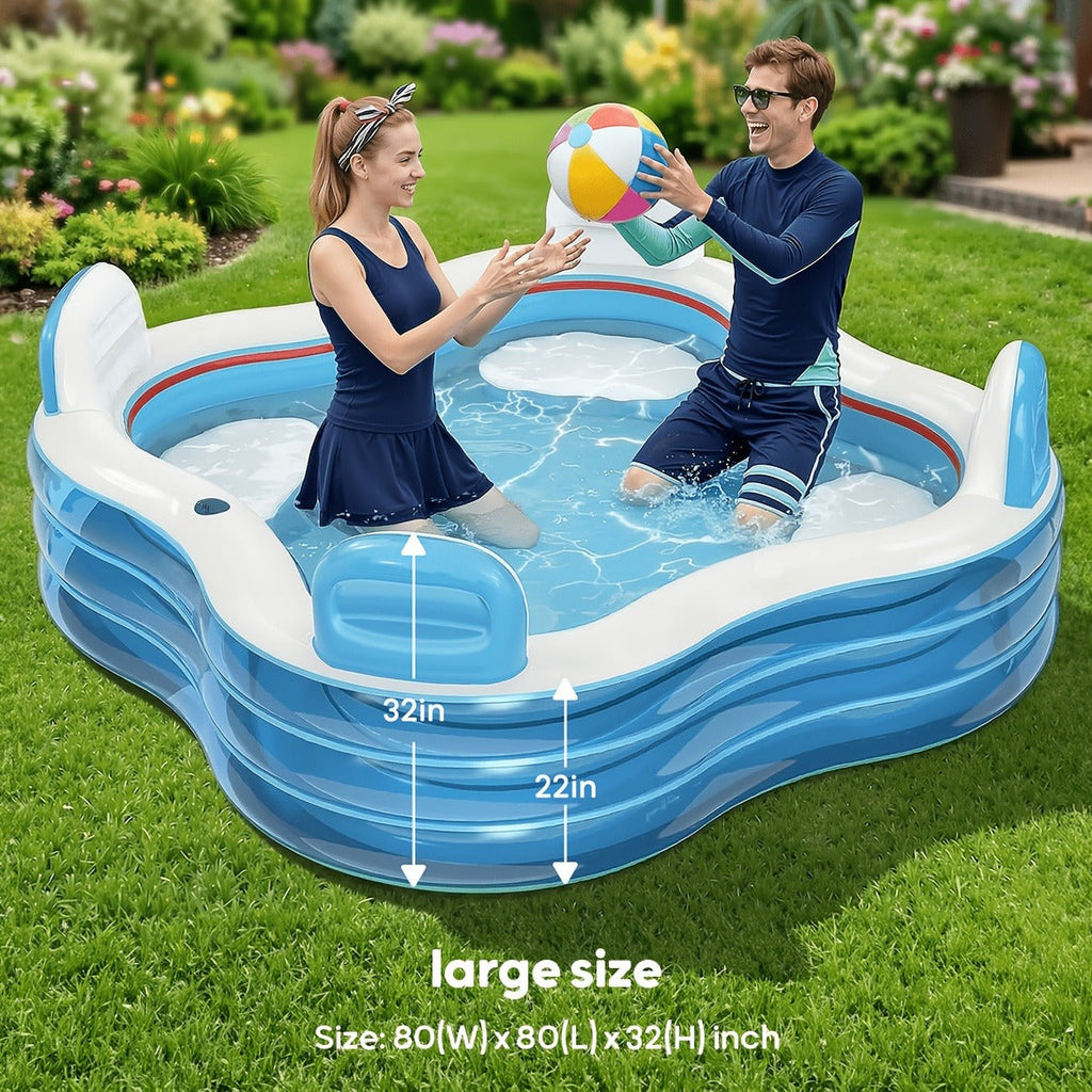 Inflatable Lounge Pool with Backrest 4 Seats 80x80x32 Inch Blow Up Pool for Adults Family Outdoor Garden for Garden, Patio an