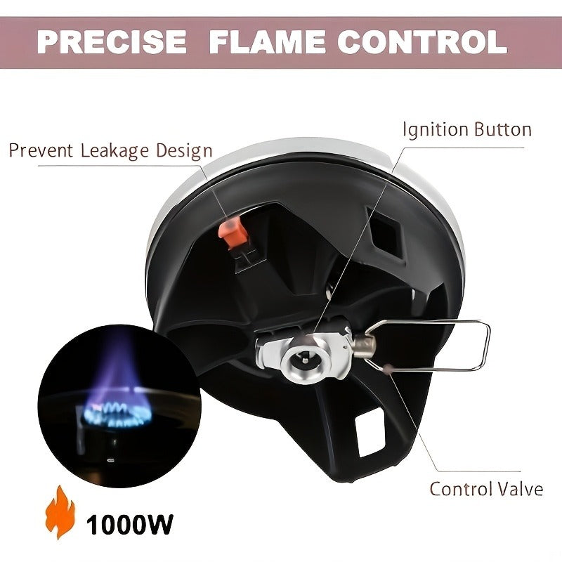 Backpacking Stove Cooking System with Pot Piezo Ignition 1KW Isobutane Burner 1.2L Pot Brackets Included for Garden, Patio an