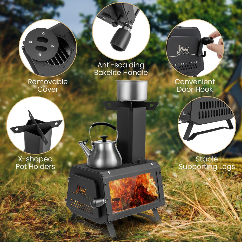 Camp Stove Wood Burning 2-in-1 Outdoor Cookstove & Heater, Carbon Steel, Glass-Ceramic Window, Dual Cooking Positions — image