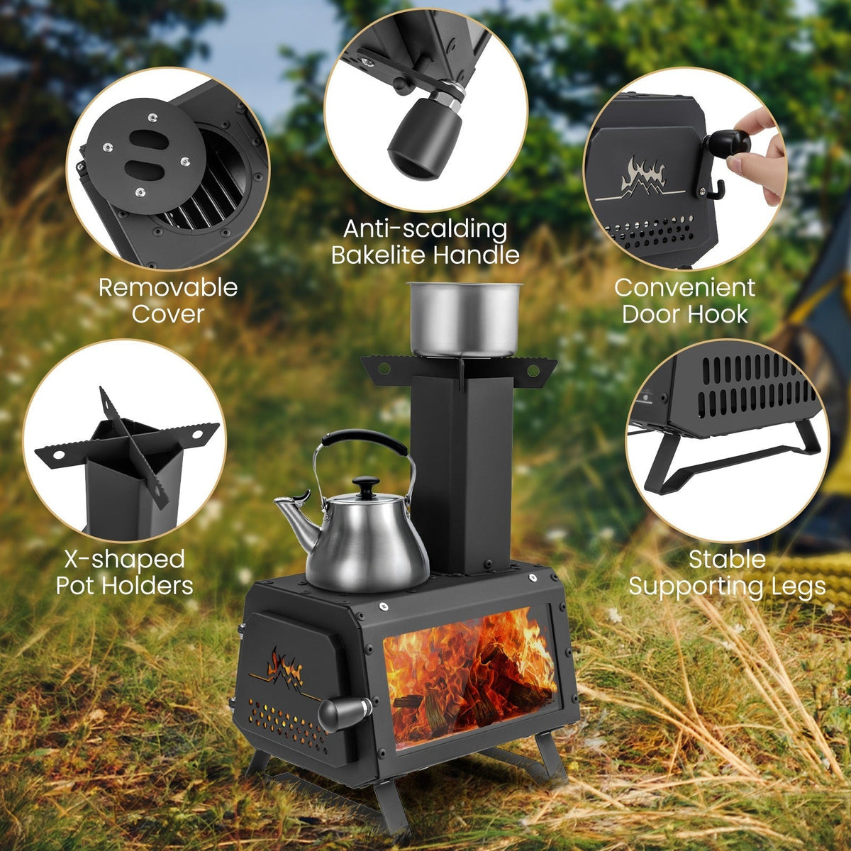 Camp Stove Wood Burning 2-in-1 Outdoor Cookstove & Heater, Carbon Steel, Glass-Ceramic Window, Dual Cooking Positions — image