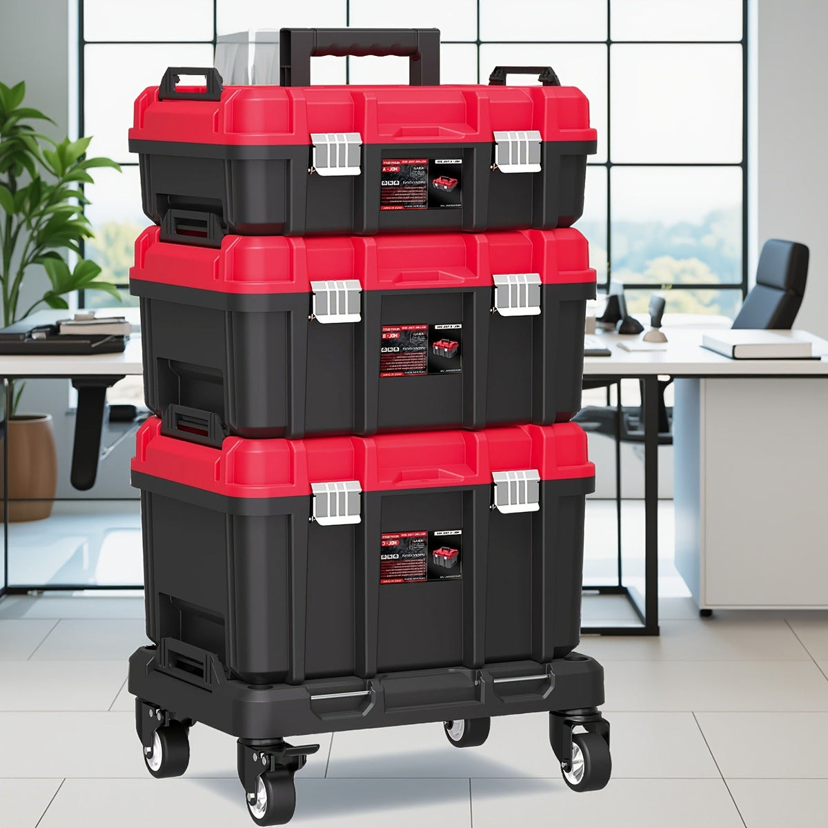 Rolling Tool Box with Wheels 3-Tier Stackable Organizer | Lockable Compartments, Connected Storage, 17" Large Plastic Toolbox