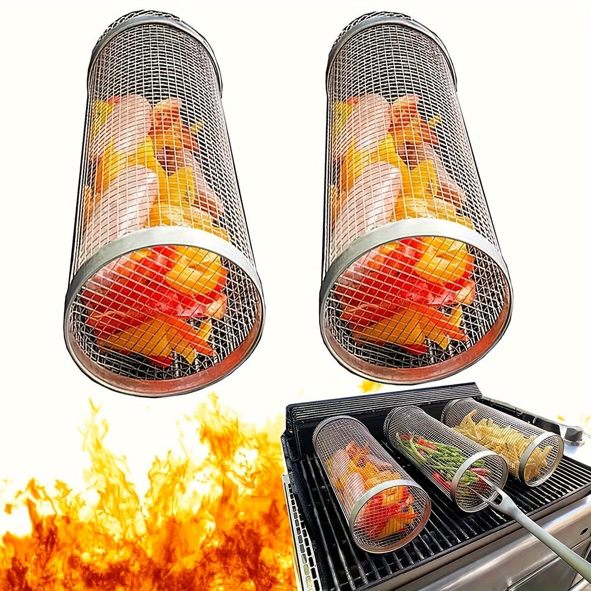 Rolling Grill Basket Stainless Steel 2-Pack, Cylinder BBQ Basket with Hook & Fork for Vegetables — image 4
