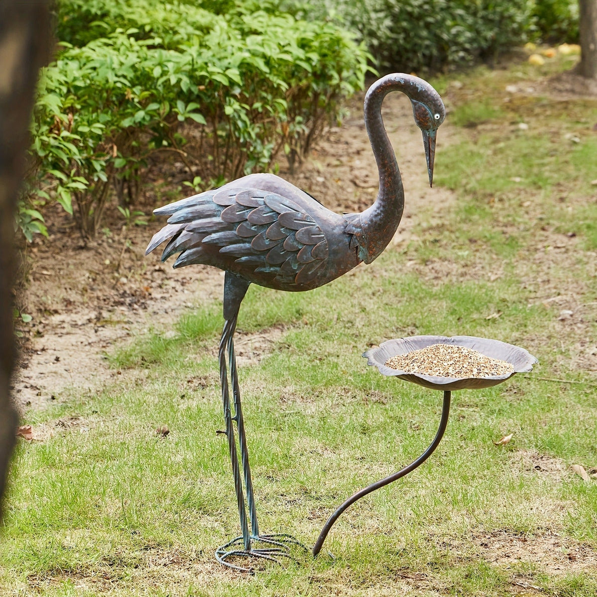 36-Inch Crane Sculpture Bird Bath Set with Separate 12.6-Inch Basin and Garden Stakes for Yard Decor — image 4