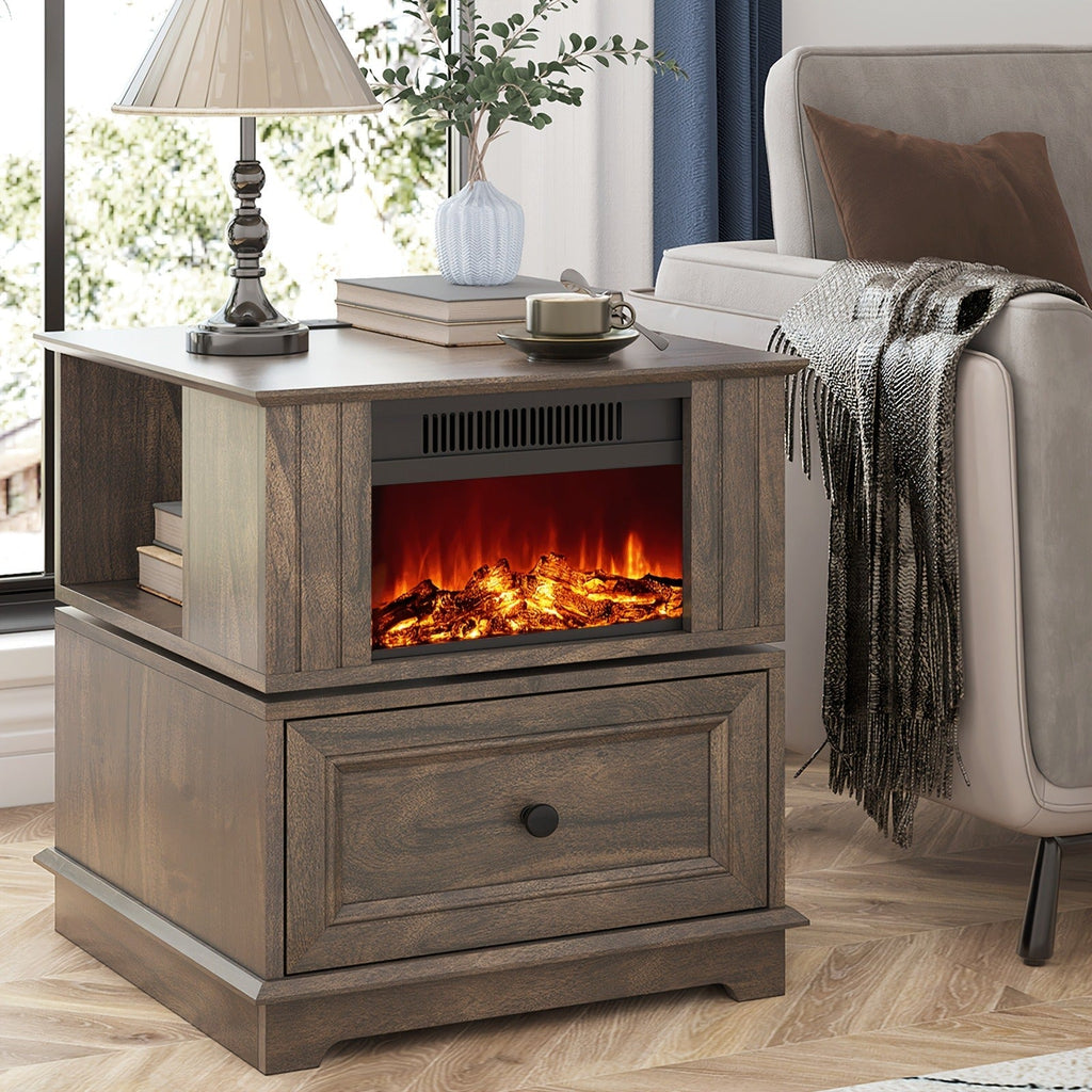 Electric Fireplace End Table Rotating 13-Inch Screen Side Table with Fast Charging Station Storage Shelf for Living Room Bedr
